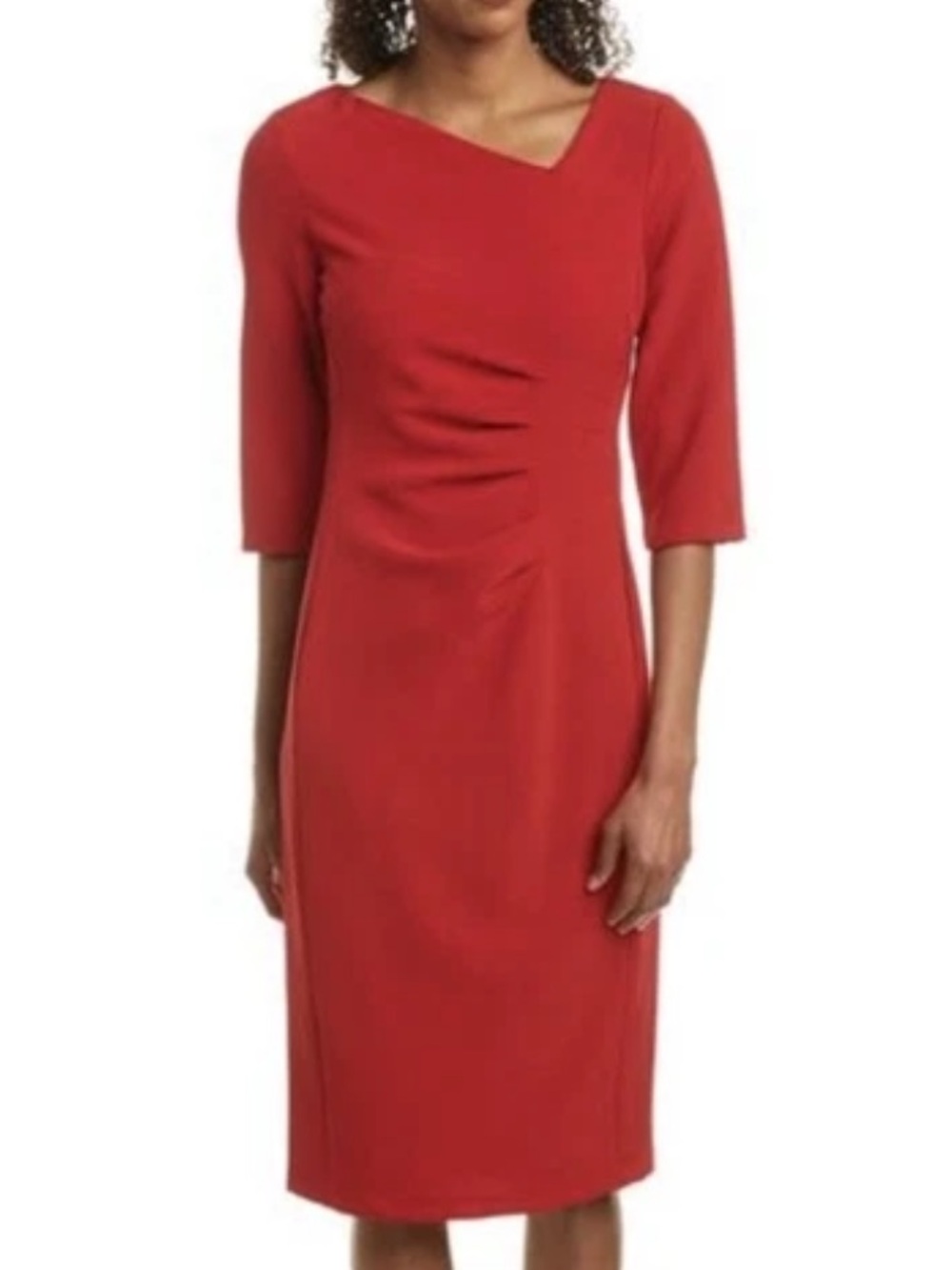 Donna Karan New York Red Asymmetrical Neck Pleated Sheath Dress Size 6